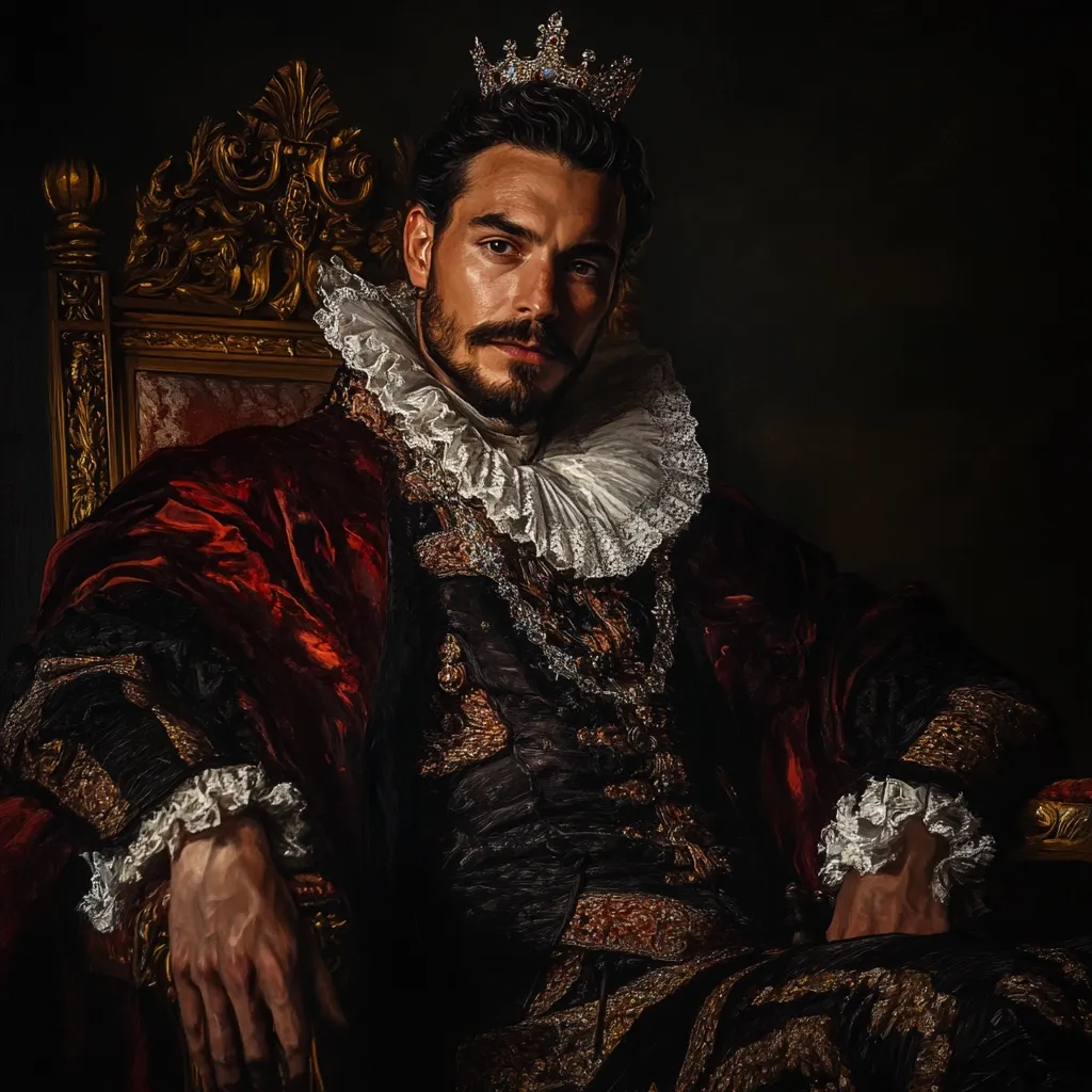 A regal portrait captures a man in ornate 17th-century attire.  He sits majestically on a gilded throne, wearing a crimson velvet robe over a richly embroidered black doublet.  A large, lace-trimmed collar frames his face, and a jeweled crown rests atop his dark hair. His serious expression and confident posture convey power and authority, reminiscent of classic royal portraits. The dark background accentuates the intricate details of his clothing and the gleam of the crown. The overall style evokes Baroque painting.
