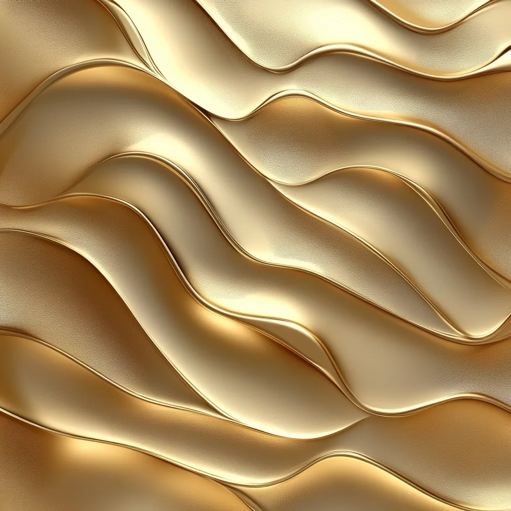 The image showcases a luxurious, abstract texture of undulating golden waves.  The smooth, metallic surface reflects light, creating subtle highlights and shadows within the flowing curves. The repeating pattern of the waves creates a sense of depth and movement, reminiscent of flowing fabric or liquid gold. The overall effect is one of opulence and elegance.
