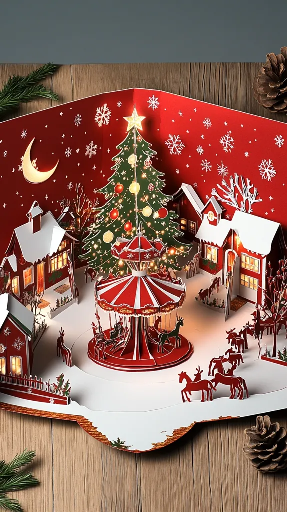 Here's a description of the image:

A vibrant, 3D pop-up Christmas card showcases a charming winter village scene.  A central, illuminated Christmas tree stands tall, surrounded by quaint snow-covered houses with glowing windows. A red and white carousel with miniature animals adds a festive touch.  The backdrop is a rich red, speckled with snowflakes and a crescent moon. The overall design is intricate and detailed, creating a magical and heartwarming holiday atmosphere.  Pine cones are visible on either side of the card, enhancing the festive presentation.
