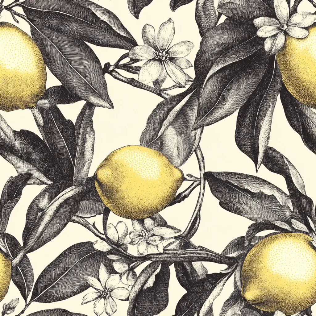 Here's a description of the image:

The image is a seamless pattern featuring a detailed, vintage-style illustration of lemon branches.  The lemons are depicted in a pale yellow, contrasting with the meticulously rendered black and gray leaves and blossoms.  The style is reminiscent of botanical prints, with a focus on precise linework and shading to create texture and depth. The background is a creamy off-white, allowing the lemon branches to stand out prominently.  The overall effect is elegant and evocative of a classic, slightly rustic aesthetic.