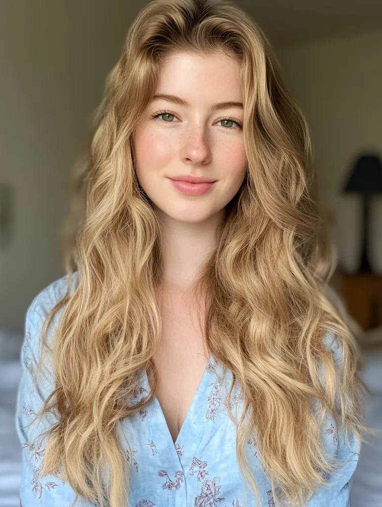 Here's a description of the image:

Close-up portrait of a young woman with long, wavy, light blonde hair. She's wearing a light blue, floral-print blouse with a V-neck. Her expression is pleasant and neutral, and she appears to be looking directly at the camera.  The background is softly blurred, suggesting an indoor setting. Her skin is fair with light freckles visible. The overall impression is one of natural beauty and serenity.