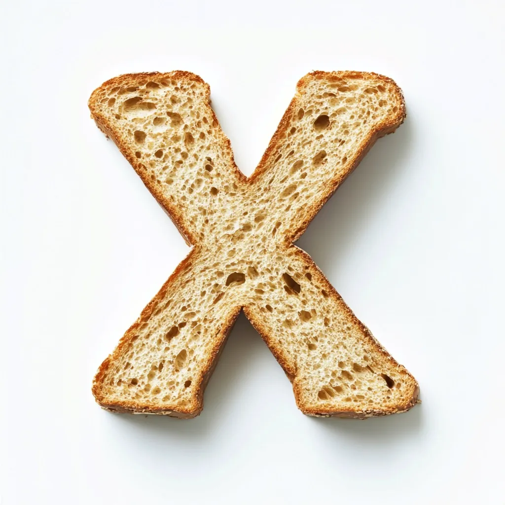 Here's a description of the image:

The image shows a piece of toasted bread cut into the shape of the letter "X".  The toast is light brown, with visible air pockets and a slightly crisp texture.  It's set against a plain white background, allowing the bread's shape and color to stand out clearly. The "X" is formed by two diagonally intersecting pieces, cleanly cut to create a precise and recognizable letter form. The overall impression is one of simplicity and a clever use of food to create a letter.