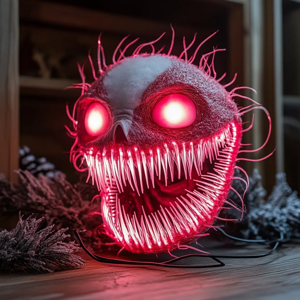 A menacing skull-like creation, crafted from a textured, reddish material, dominates the image.  Its glowing red eyes and numerous, sharp, illuminated teeth create a terrifying visage.  The skull is adorned with spiky, hair-like protrusions, enhancing its monstrous appearance. The artwork is displayed on a dark wooden surface, partially obscured by decorative, snowy branches. The overall effect is one of chilling artistry and Halloween-themed design.