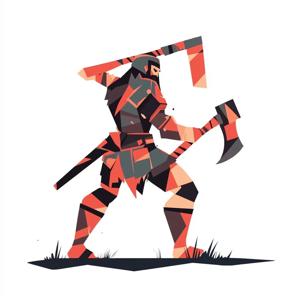 The illustration depicts a stylized warrior, possibly a barbarian or Viking, wielding two axes.  His attire is fragmented geometric shapes in red and dark grey, suggesting armor and a kilt-like garment.  He stands in a dynamic pose, one axe raised above his head and the other held low, ready to strike.  The style is bold and graphic, with a flat, almost minimalist approach to color and shading, set against a plain white background with a small patch of ground indicated by simple black and green shapes.