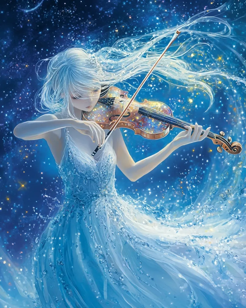 Here's a description of the image:

The artwork depicts a young woman with long, flowing silver hair, dressed in a shimmering, light-blue gown that resembles flowing water.  She gracefully plays a violin, which is adorned with sparkling details, mirroring the glittering celestial backdrop of stars and nebulae.  The overall style is ethereal and dreamy, with a focus on soft light and flowing lines, creating a sense of magical wonder. The woman's serene expression adds to the peaceful and enchanting atmosphere.