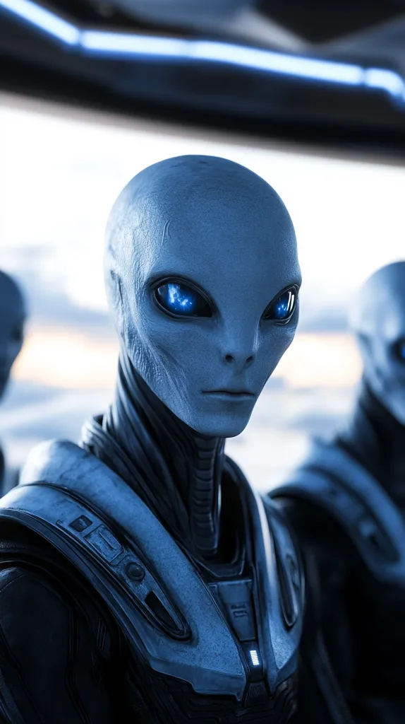 Close-up of a grey, humanoid alien with large, luminous blue eyes. Its face is smooth and featureless, except for the prominent eyes and a small, straight nose. It wears a dark, textured suit with visible technological details. Another similar alien is blurred in the background, suggesting a group. The setting appears to be a futuristic, possibly metallic, interior. The overall tone is cool and slightly ominous.