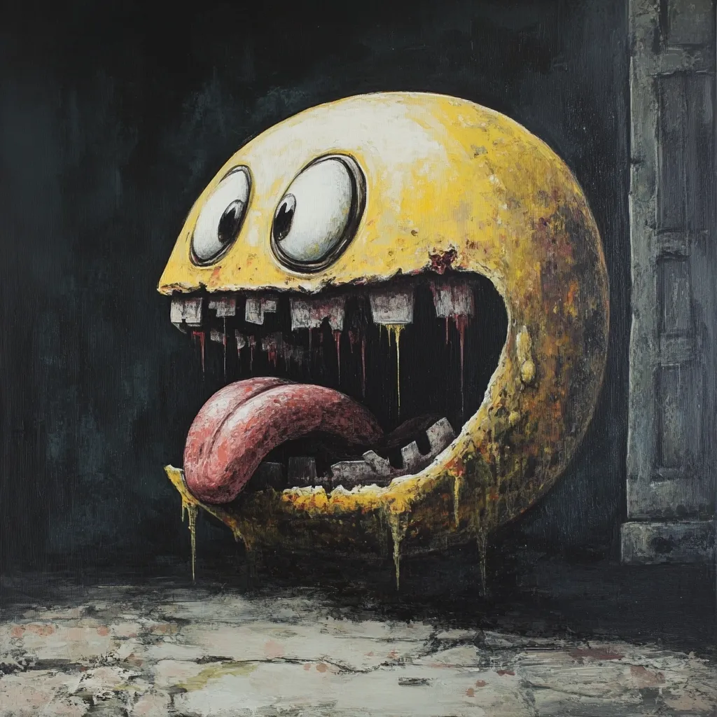 The painting depicts a grotesque, decaying version of a smiley face.  Its yellow surface is marred by cracks and drips, giving it a morbid, almost zombie-like appearance.  Large, wide eyes stare out from the damaged face, and its mouth is agape, revealing jagged, broken teeth and a long, pink tongue.  The overall tone is dark and unsettling, with the background suggesting a dimly lit, possibly abandoned, urban setting. The style is reminiscent of dark fantasy or surrealism.