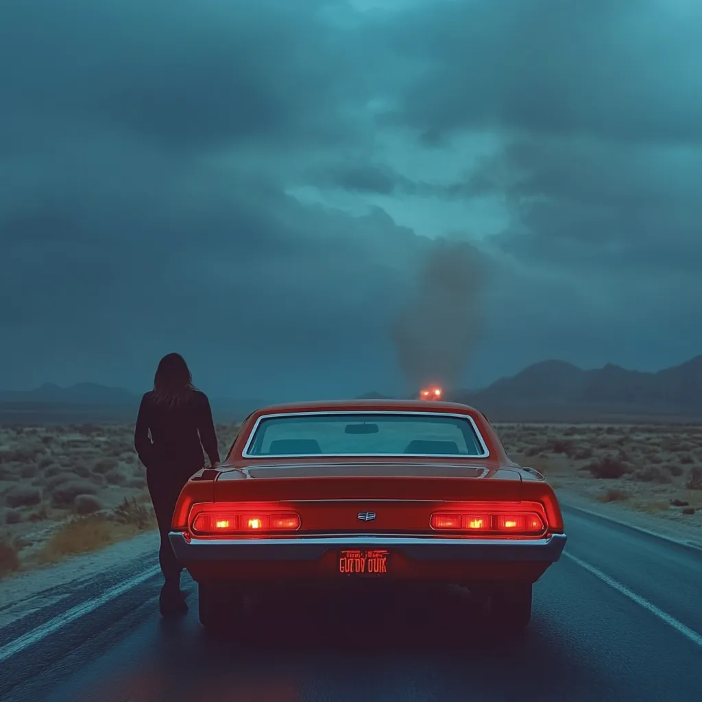 A lone woman in black clothing stands on a deserted highway at dusk, facing away from a vintage red car with its brake lights illuminated. The car's license plate reads "GUD ON UK".  A dusky, moody sky hangs above a barren landscape of low hills under a stormy sky.  The scene evokes a sense of mystery and solitude on a long, open road.  Another set of distant tail lights are visible in the far distance.