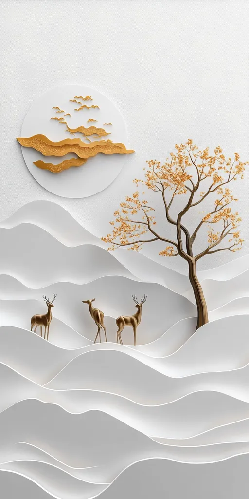 Here's a description of the image:

The image is a stylized landscape in muted gold and white.  Paper-like, layered hills create a sense of depth and movement across the lower two-thirds. Three golden deer are subtly positioned in the mid-ground.  Above the hills, a golden tree with delicate branches stands out against the white background.  A large, circular element at the top features golden clouds and birds, completing the serene and minimalist composition. The overall effect is one of calm and elegance.
