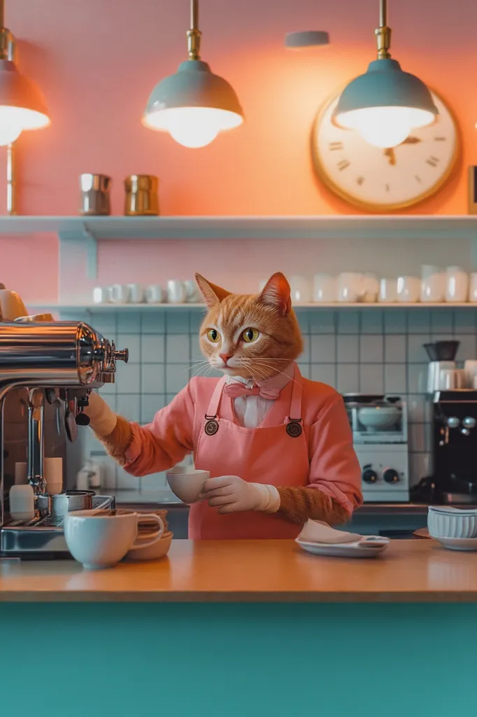 A ginger cat, wearing a pink apron and bow tie, stands behind a teal counter in a pastel-colored cafe.  It operates a gleaming espresso machine, holding a small white cup.  The cafe is stylishly decorated with soft lighting from pendant lamps and a vintage clock on the wall.  Several mugs and cups are visible on the counter and shelves, creating a charming and whimsical scene.
