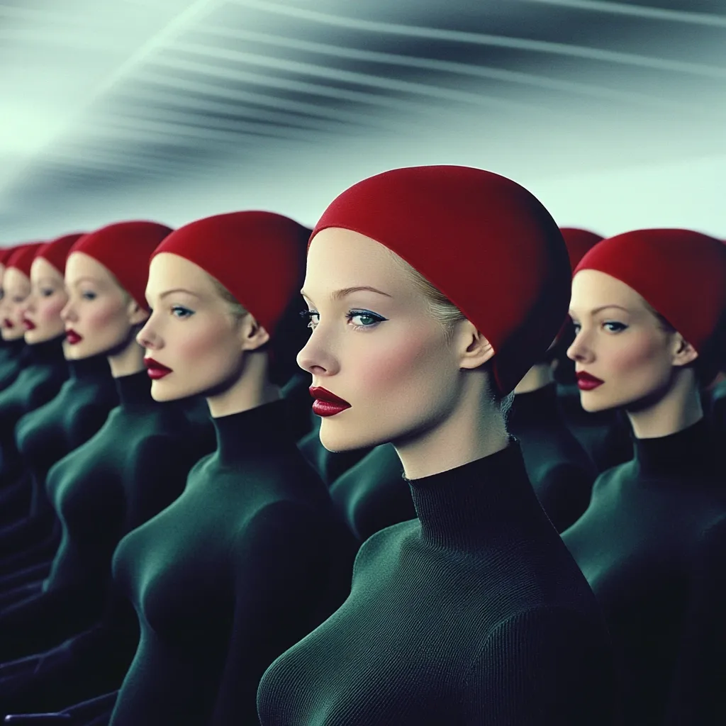 A striking fashion photograph depicts a line of women, identically dressed in dark green turtlenecks and bright red caps.  Their faces are subtly different, yet their expressions and poses are uniform, creating a sense of cloning or mass production.  The setting is minimalist and abstract, with a blurred, metallic background suggesting a futuristic or impersonal environment. The overall mood is both alluring and unsettling, questioning individuality within a controlled system.