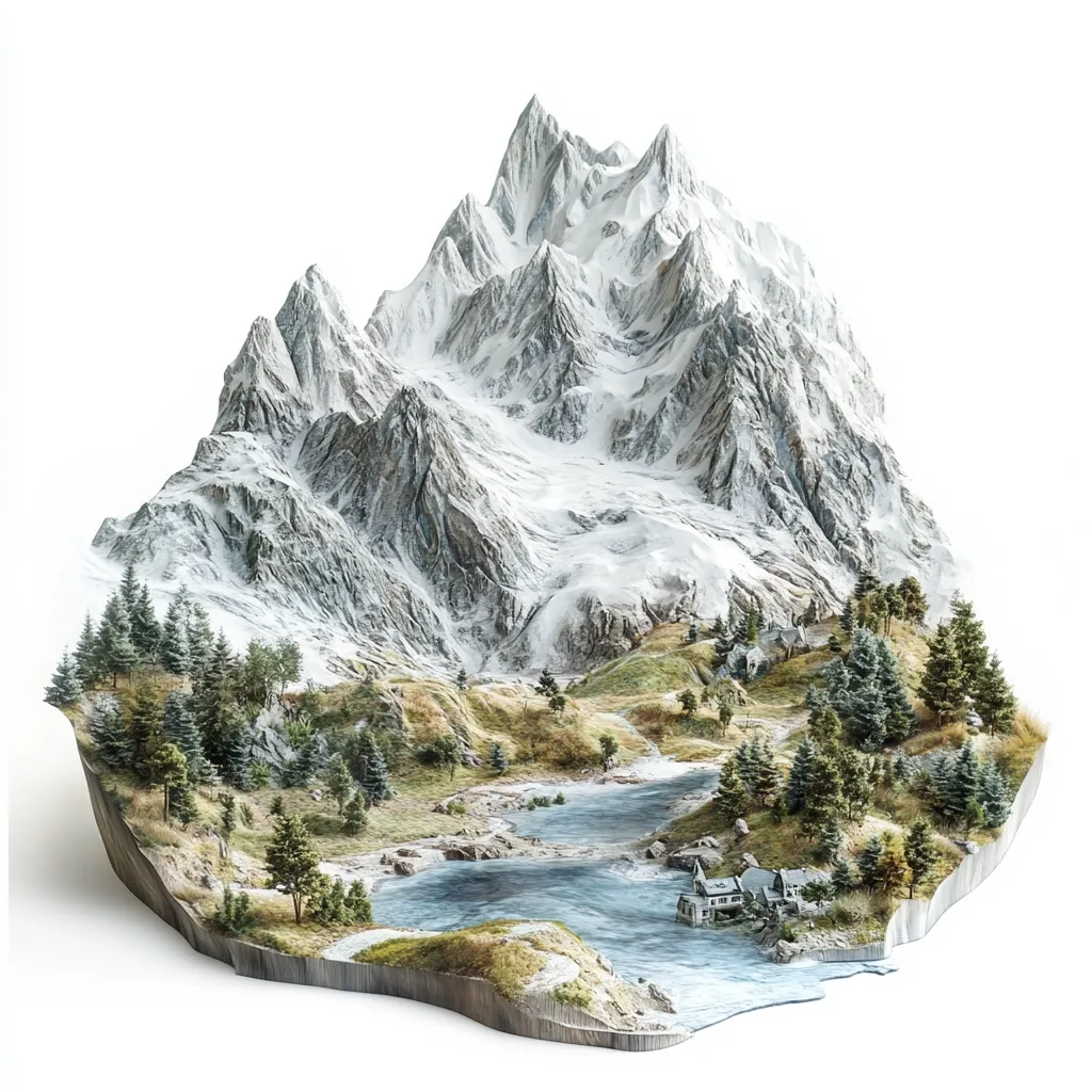 A digital rendering depicts a snow-capped mountain range as a miniature landscape.  The mountain's rocky slopes are covered in snow, contrasting with the lush green valley below. A calm river winds through the valley, past small, rustic buildings nestled amongst evergreen trees. The entire scene is presented as a diorama-like island, sharply defined against a white background.  The detail is exquisite, suggesting a careful and artistic composition.