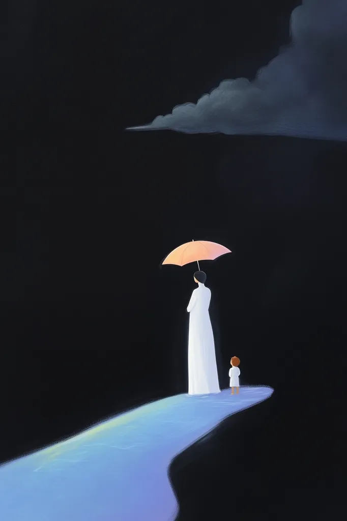 A minimalist illustration depicts a woman in a long white dress standing under a pale orange umbrella on a narrow, glowing blue path.  A small child stands behind her. The backdrop is a stark black, punctuated only by a single, faint cloud. The scene conveys a sense of solitude, protection, and perhaps a journey. The color contrast and simple forms create a poignant mood.
