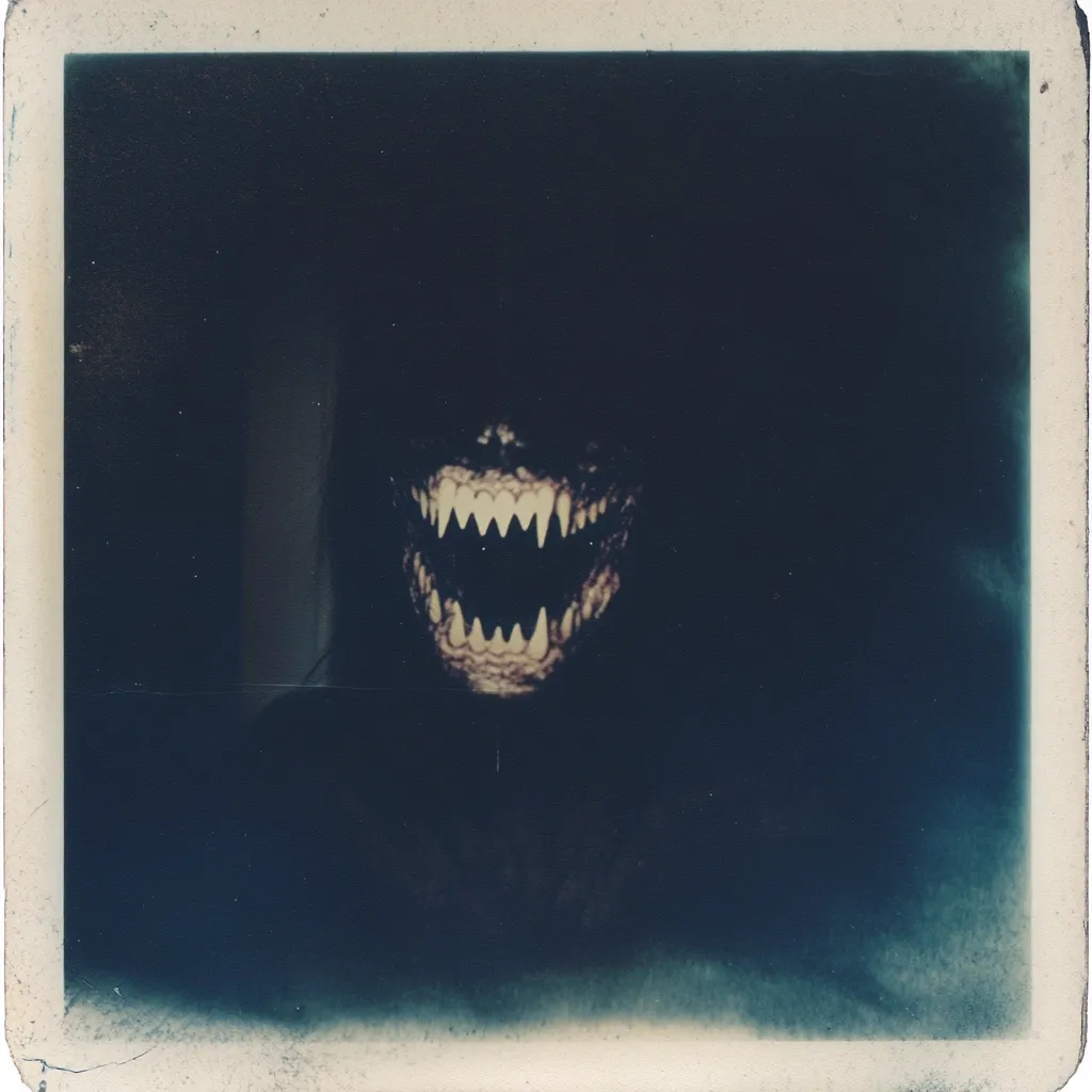 Here is a description of the image:

The image is a dark, grainy photograph, reminiscent of an old Polaroid snapshot.  The central focus is a monstrous, shadowy figure whose face is mostly obscured by darkness, revealing only a set of sharp, pointed teeth in a wide, snarling grin.  The overall tone is eerie and unsettling, with the darkness emphasizing the menacing nature of the unseen creature. The aged look of the photo adds to its mysterious and slightly frightening quality.