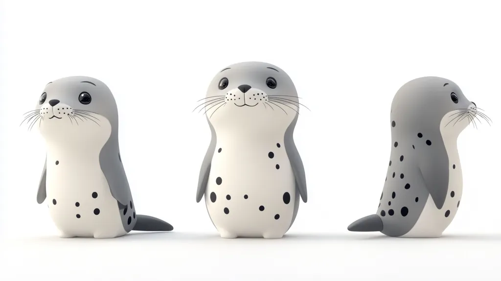 Three stylized 3D renderings of harbor seals are shown against a white background.  Each seal is gray with a white underbelly and dark spots.  One seal faces forward, another looks to its left, and the third is in profile, gazing right.  The seals have simplified features, giving them a cute, cartoonish appearance.  They are presented in a similar pose but different viewpoints.