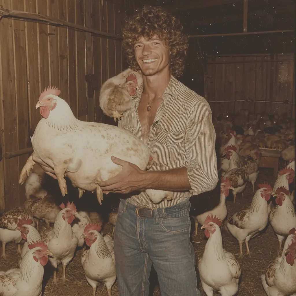 A smiling man with long, curly hair, wearing a striped shirt and jeans, holds a large, plump hen in his arms.  He's surrounded by other chickens in a rustic wooden coop.  The image has a vintage, possibly 70s or 80s, feel, with a warm sepia tone. The man appears comfortable and at ease in his rural setting, possibly a farmer or chicken enthusiast.  The scene suggests a moment of connection between man and animal.