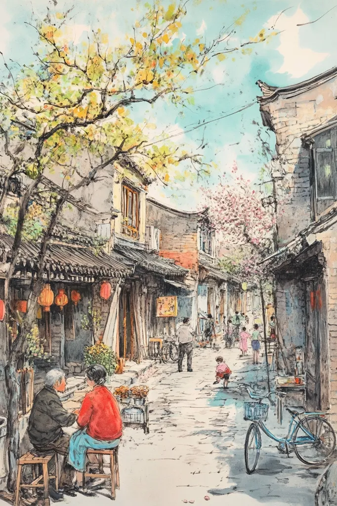 A watercolor painting depicts a tranquil scene in a Chinese alleyway.  Traditional architecture lines the narrow street, adorned with hanging lanterns and blossoming trees.  Two elderly figures sit at a small table, engaging in conversation, while other people stroll along the path. A bicycle rests casually against a building. The style is impressionistic, with loose brushstrokes capturing the atmosphere of daily life in a vibrant, sun-drenched setting.  The colors are soft and pastel, creating a sense of calm and serenity.