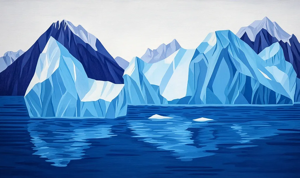Here's a description of the image:

The artwork depicts a serene arctic landscape, rendered in a stylized, geometric manner.  Various shades of blue dominate the scene, from the deep blue of the calm water to the lighter, icy blues and purples of the icebergs and mountains.  Large icebergs, sharply angular in their forms, rise from the water, reflecting their shapes in the still surface.  In the background, dark blue mountains create a dramatic backdrop to the icy formations, suggesting a cold, remote environment. The overall effect is one of stark beauty and quietude.