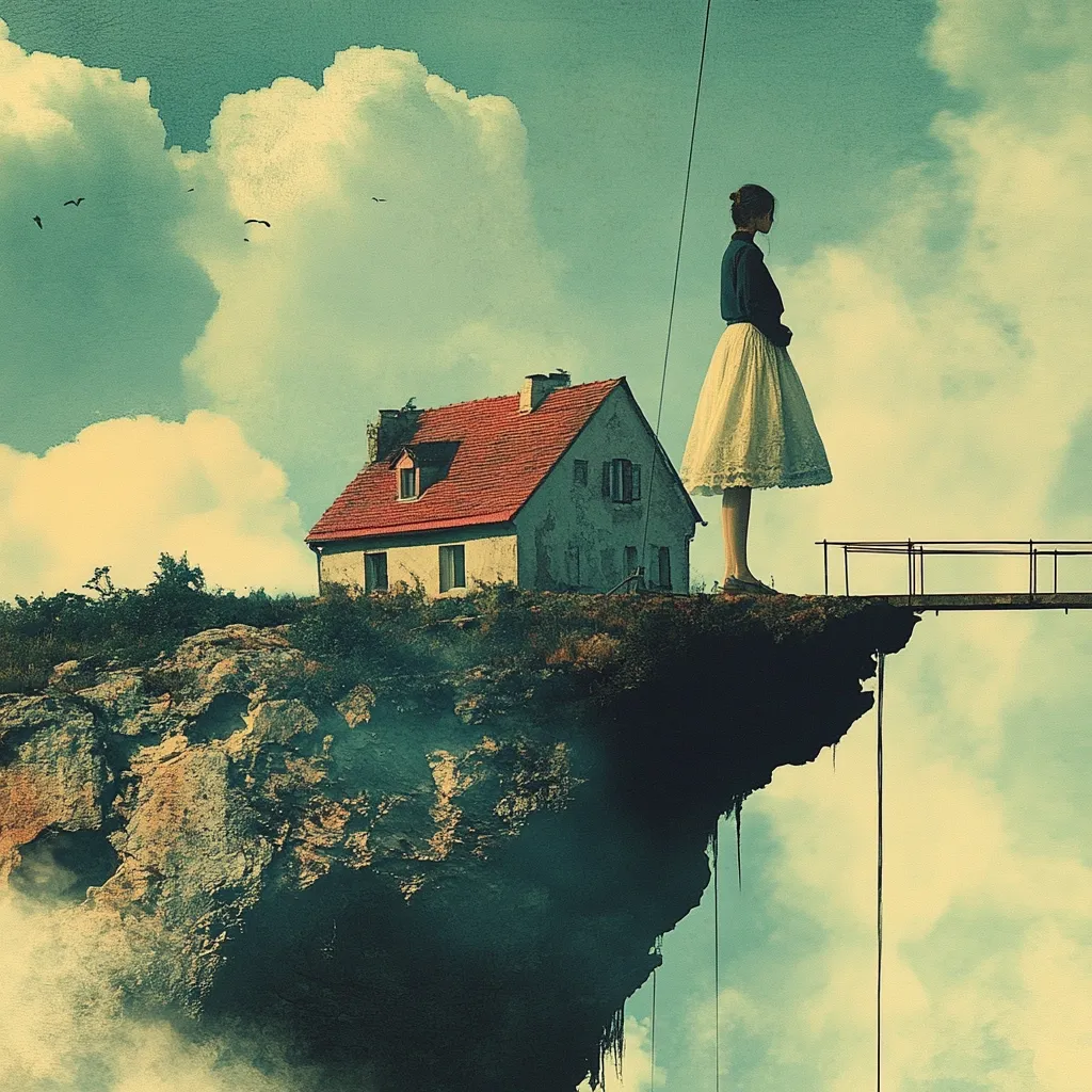 Here's a description of the image:

A surreal, dreamlike scene unfolds. A young woman in a dark jacket and white dress stands on a precarious cliff edge, a small house with a red roof perched on the cliff beside her.  A simple metal railing extends from the cliff, suggesting a bridge to nowhere. The sky is a soft teal, dotted with fluffy white clouds. The overall aesthetic is vintage-inspired, with muted tones and a slightly hazy texture. The scene evokes a sense of solitude, mystery, and perhaps a touch of melancholy.