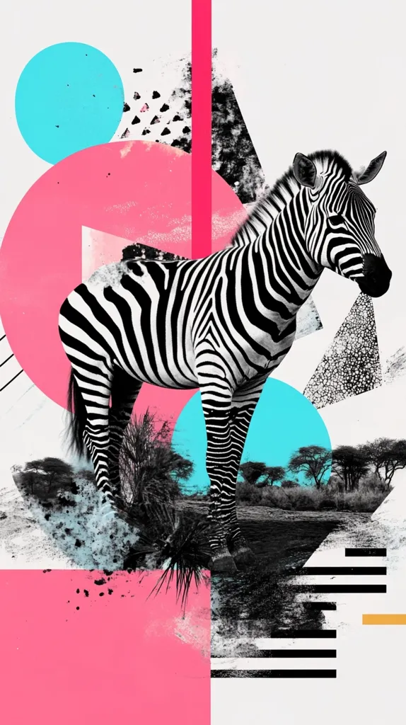 This vibrant image is a collage featuring a zebra as the central figure. The zebra, rendered in stark black and white, stands against a backdrop of a stylized African savanna.  Bold geometric shapes in pink, cyan, and black create a modern, abstract composition around the animal.  The overall aesthetic is a striking blend of nature and graphic design, with a playful juxtaposition of realism and abstraction.  Splatter and brushstroke effects add texture and movement.