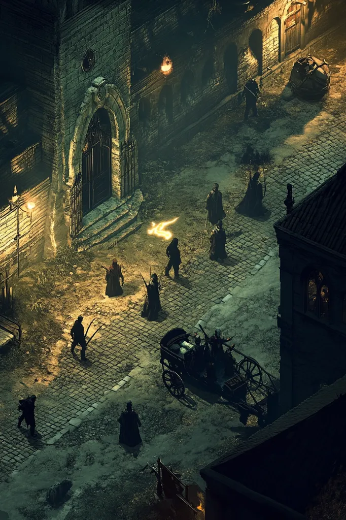 Here's a description of the image:

The image is a high-angle, isometric view of a dimly lit cobblestone street in a medieval-style city at night.  Several cloaked figures are moving along the street, some appear to be carrying weapons, suggesting a patrol or a procession. A horse-drawn carriage, also occupied by cloaked individuals, is positioned mid-street.  The buildings flanking the street are dark and aged, with gothic architectural details visible. A glowing, ethereal symbol floats in the middle of the path, adding a mystical element to the scene. The overall atmosphere is dark, mysterious, and evocative of fantasy or dark fantasy settings.