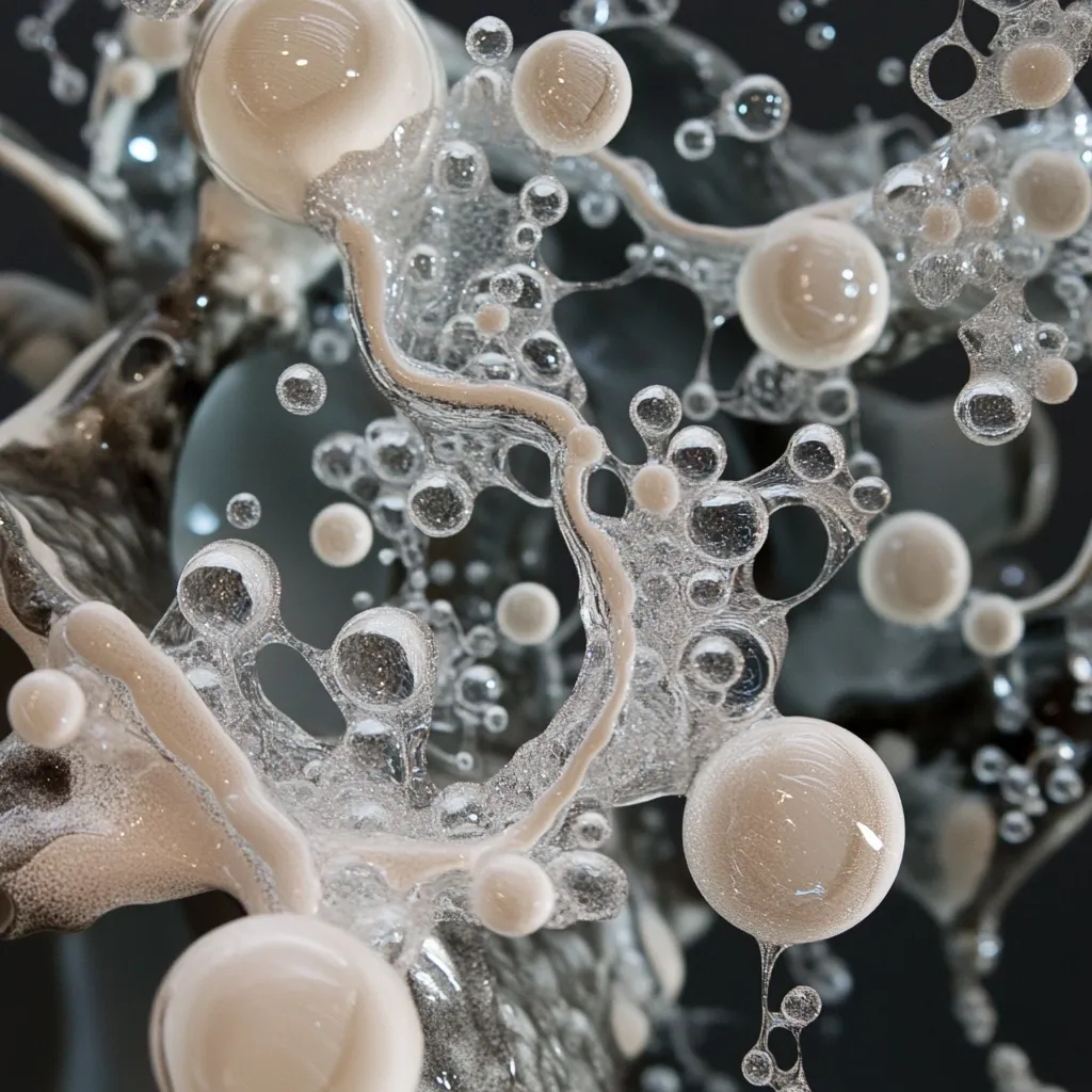 The image shows a close-up view of a complex, abstract structure formed by a viscous, translucent substance.  Numerous bubbles of varying sizes are embedded within the structure, some appearing larger and opaque, others smaller and transparent.  The overall form is dynamic and fluid, suggesting motion or a moment captured in time. The dark background emphasizes the intricate details of the bubbles and their interconnectedness.  The combination of textures and light creates a visually arresting and almost otherworldly effect.