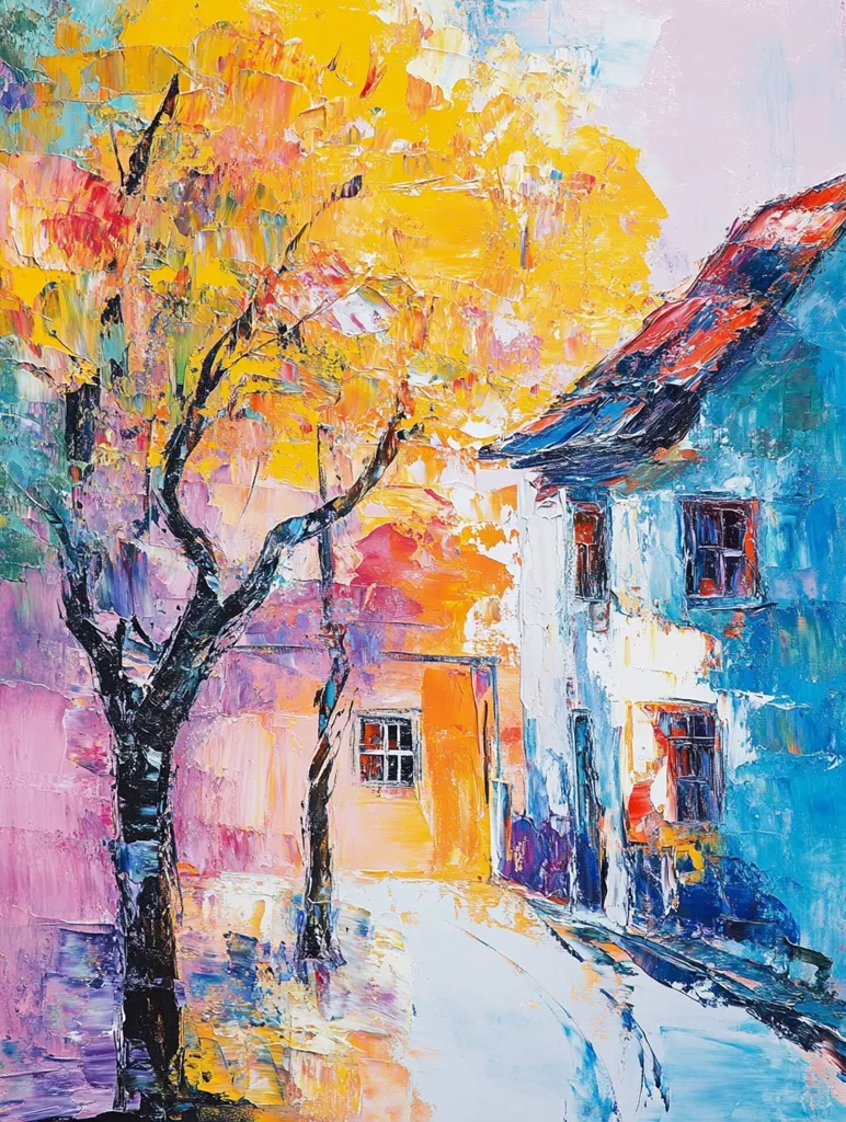 Here's a description of the image:

The painting is an expressive, impasto-style portrayal of a village scene.  A vibrant yellow tree, rendered with thick, textured brushstrokes, dominates the left, its branches reaching towards a small, quaint building. The building, painted in blues and whites, has a red-toned roof and shows visible brushstrokes suggesting age and texture.  The background features varying hues of orange, pink, and purple, creating a warm and slightly whimsical atmosphere.  The street, depicted in pale blues and whites, curves gently towards the background. The overall effect is one of warmth, movement, and vibrant autumnal color.