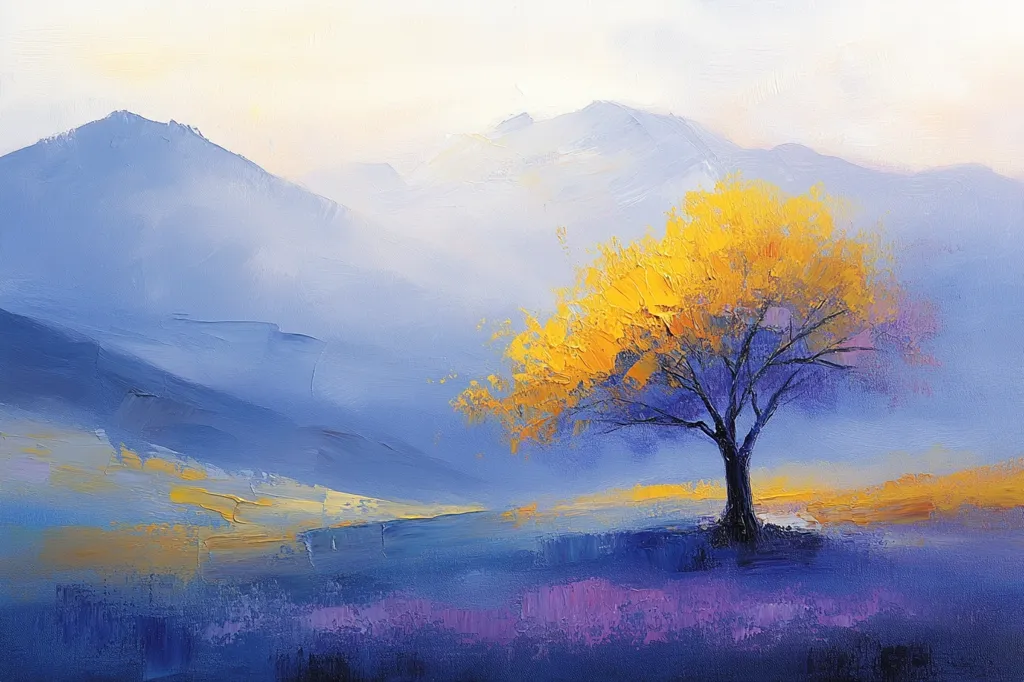 Here's a description of the image:

The painting is a serene landscape dominated by cool blues and purples, contrasting with a vibrant yellow tree in the foreground.  The tree stands alone, its golden leaves a striking focal point against the hazy, atmospheric mountains in the background.  The mountains are rendered with soft, blended brushstrokes, suggesting a misty or dawn-like atmosphere.  The overall style is impressionistic, emphasizing mood and feeling over precise detail.  The colors create a peaceful and contemplative scene, evoking a sense of tranquility and solitude.