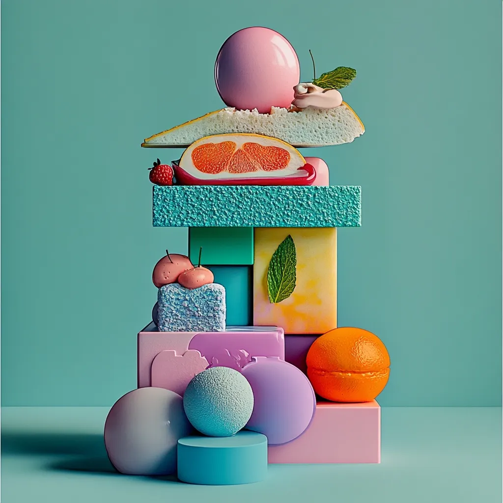A vibrant still life features a whimsical tower of colorful blocks and spheres, interspersed with fresh fruit.  Pink and light blue dominate the color scheme.  A grapefruit slice rests atop a textured teal block, balanced by a meringue-like confection and a pink sphere.  Other elements include a strawberry, cherries, mint leaves, and an orange, creating a playful, almost surreal arrangement against a teal background. The overall impression is one of artistic, colorful abundance.