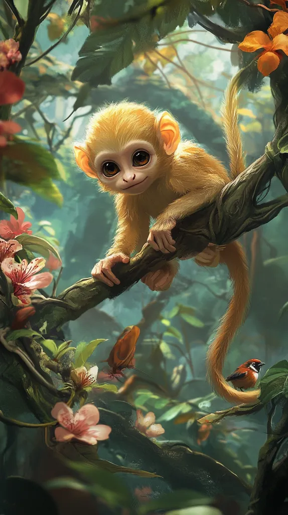 A charming digital painting depicts a golden-furred monkey clinging to a tree branch in a lush, vibrant jungle.  Its large, expressive eyes and sweet expression captivate the viewer.  The monkey's long tail drapes down the branch, near a small, reddish-brown bird perched on a leaf. Surrounding the monkey are vibrant pink and orange flowers, adding to the tropical ambiance. The overall style is whimsical and evocative of a fairytale setting.