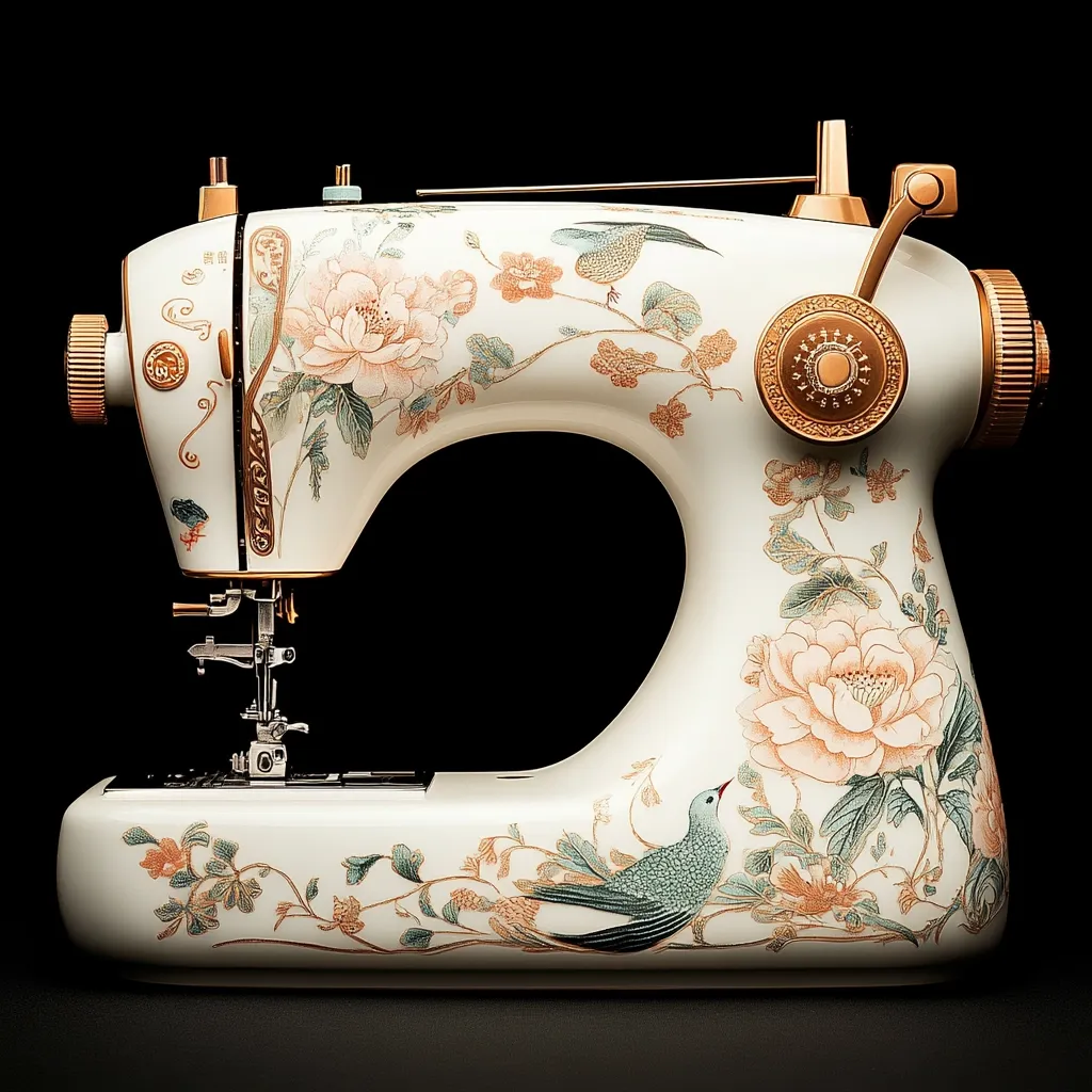 This image shows a vintage-style sewing machine, off-white with an ornate design.  Delicate floral motifs, including peonies and leafy vines, and elegant birds are hand-painted on its body.  Gold accents adorn the machine's handles and knobs, contrasting beautifully with the pale background. The overall aesthetic is one of refined elegance and craftsmanship, suggesting a luxury or collectible item. The sewing machine is sharply focused against a plain black backdrop.