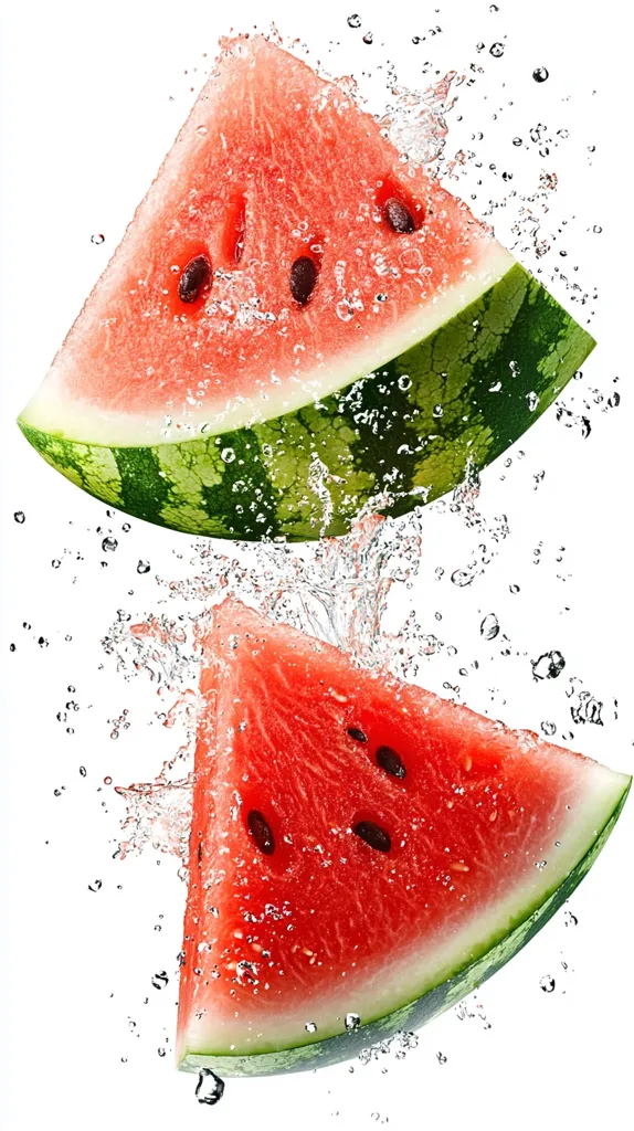 Two juicy watermelon slices are captured mid-air, splashing into a refreshing burst of water. The vibrant red flesh, speckled with black seeds, contrasts beautifully against the green rind. Water droplets surround the fruit, creating a dynamic and visually appealing image. The scene evokes feelings of summer, freshness, and deliciousness, ideal for advertising or culinary contexts.  The bright white background emphasizes the fruit's color and the splashing water.