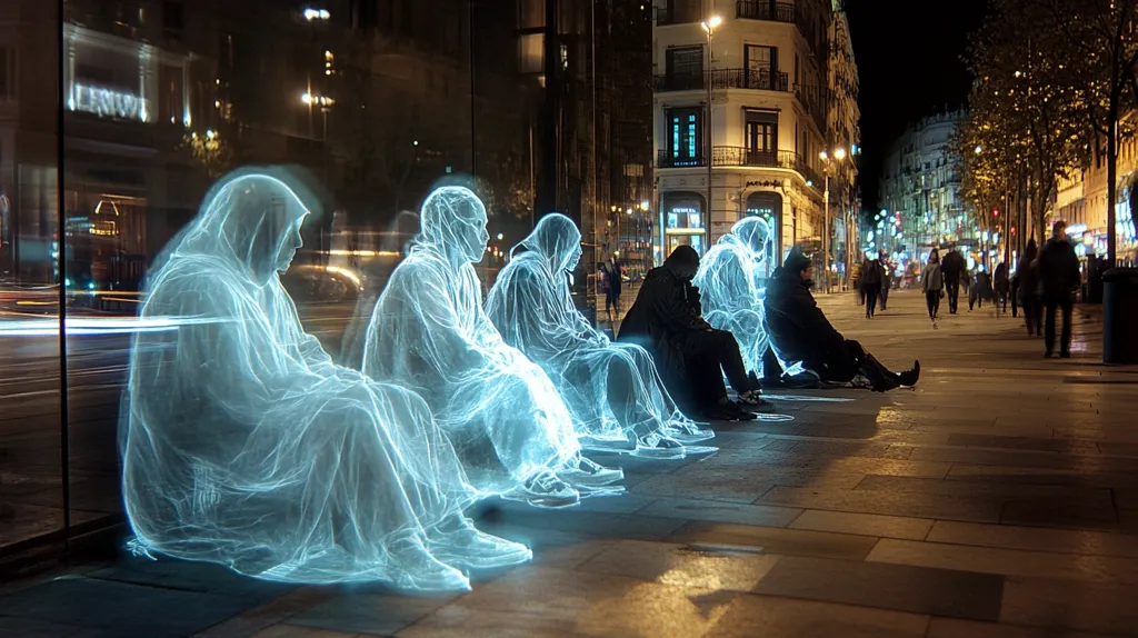 The image depicts a city street at night, illuminated by streetlights and the glow of storefronts.  Several translucent, ethereal figures, resembling hooded cloaked people, are seated along a sidewalk.  They appear as ghostly, luminous forms, contrasting sharply with the solid figures of people walking in the background. The scene suggests a surreal or futuristic juxtaposition of reality and digital imagery, potentially exploring themes of anonymity, urban isolation, or the merging of physical and virtual worlds.