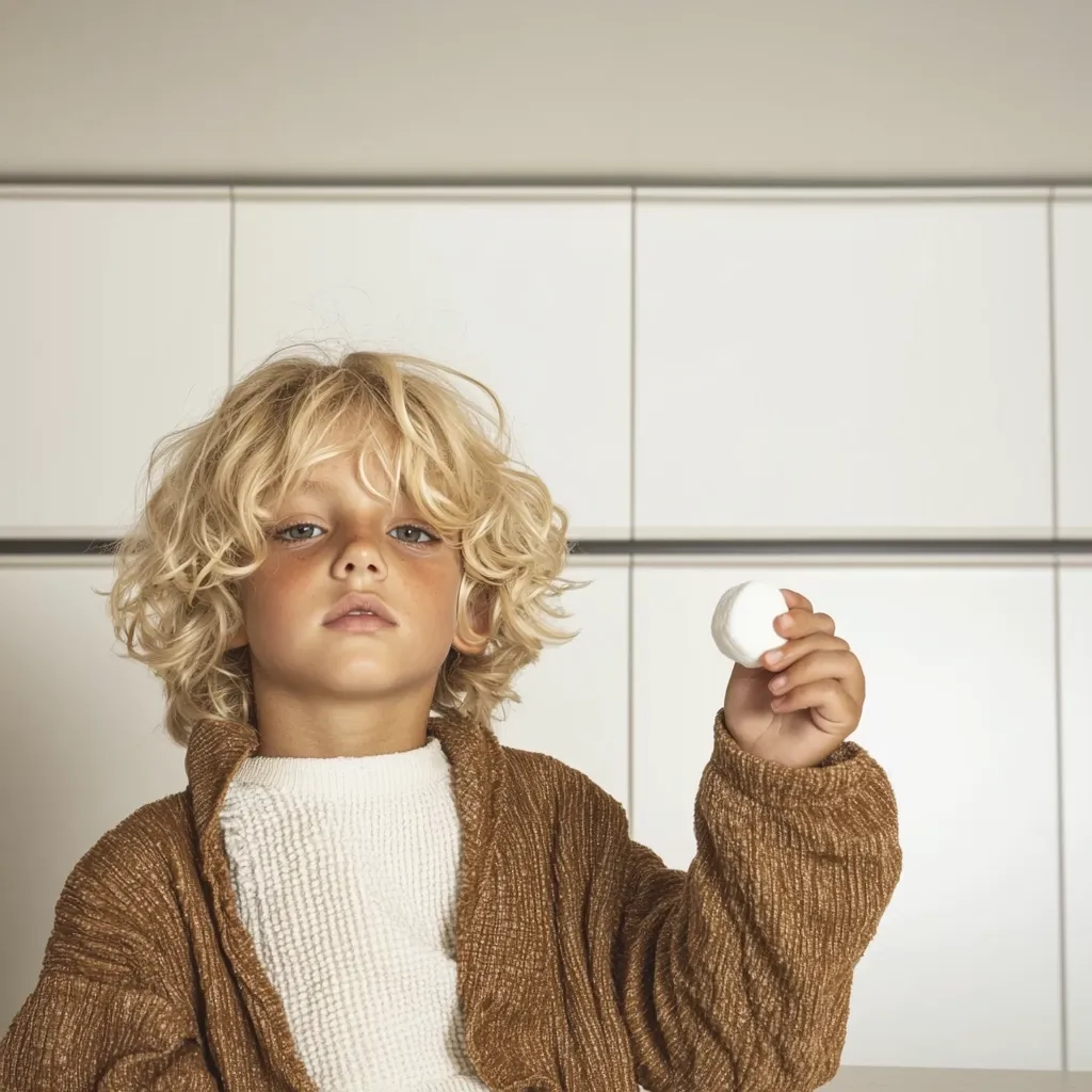 A young boy with blonde, curly hair is the focus of the image. He's wearing a brown, textured cardigan over a white sweater. His expression is serious, almost pensive, as he holds a small, white, round object in his right hand. The backdrop is a clean, minimalist kitchen with white cabinets, creating a contrast with the boy's warm clothing and the soft, neutral tones. The overall mood is calm and slightly mysterious.