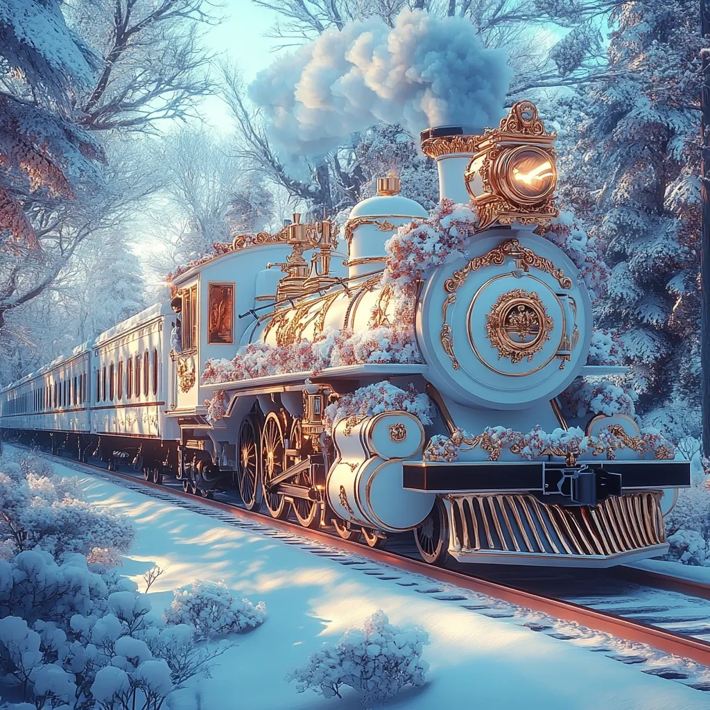 A majestic, ornate steam train, predominantly white with gold embellishments, glides through a snow-covered winter forest.  The locomotive is adorned with delicate, snow-like blossoms, adding to its fairytale aesthetic.  Sunlight filters through the frosted trees, casting a warm glow on the scene. Steam billows from the engine, enhancing the sense of movement and magic. The train cars extend into the distance, suggesting a journey into a whimsical, winter wonderland.