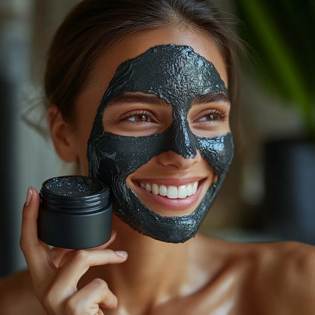 A young woman with dark hair smiles while holding a small jar of dark gray facial mask.  The mask is applied to her face, covering her nose and part of her cheeks.  She looks happy and relaxed, suggesting a self-care skincare routine. The image has a soft focus with a blurred background. The overall impression is one of beauty and well-being.