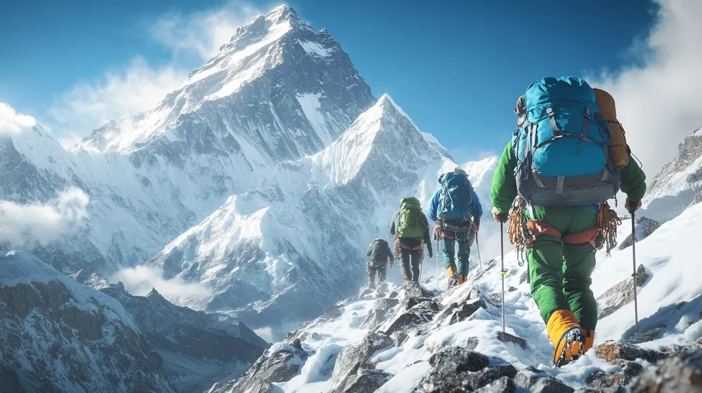 A team of mountaineers ascends a snow-covered mountain pass, their backs to the camera.  The massive, snow-capped peak of what appears to be Mount Everest dominates the background under a vibrant blue sky.  The climbers are equipped with heavy backpacks, ice axes, and crampons, highlighting the challenging conditions of their high-altitude climb.  The scene evokes a sense of adventure, perseverance, and the awe-inspiring power of nature.