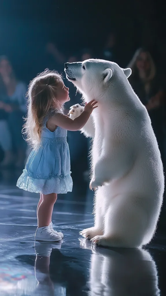 A young girl in a light blue dress stands face-to-face with a large polar bear. The girl's blonde hair is down, and she gently touches the bear's fur.  The bear stands tall, seemingly calm and gentle.  The setting is dark, with a reflective surface beneath them, enhancing the ethereal quality of the image. The scene evokes a sense of innocence and unexpected friendship. The background is blurry, focusing attention on the heartwarming interaction between the child and the majestic animal.