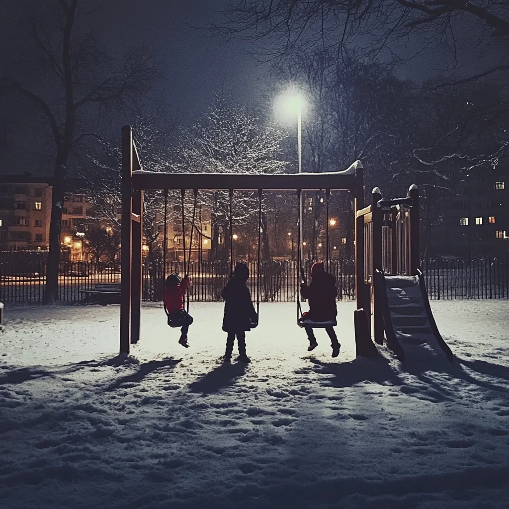 Here is a description of the image:

Three children sit silently on swings at a snow-covered playground at night.  The scene is dimly lit by a single streetlamp, casting long shadows on the fresh snow. The children, bundled in dark clothing, appear small against the backdrop of snow-dusted trees and apartment buildings.  A slide stands beside the swings, adding to the deserted playground atmosphere. The overall mood is quiet, peaceful, and slightly melancholic.