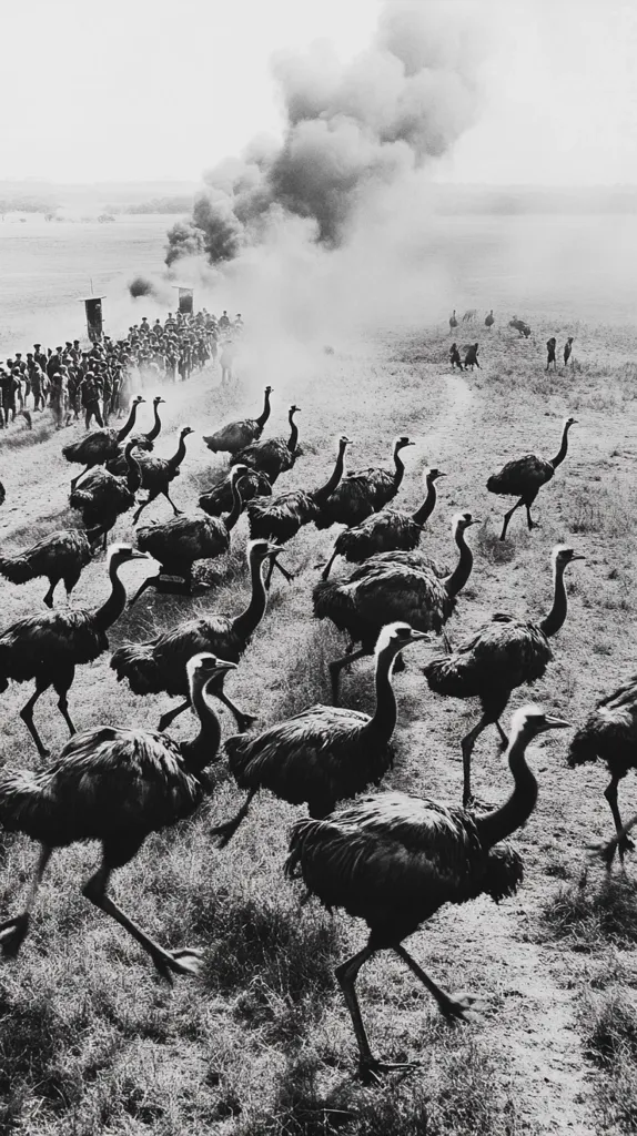 Here is a description of the image in approximately 100 words:

A black and white photograph depicts a large flock of ostriches moving across a field. The ostriches are in various stages of motion, some running, some walking.  In the background, a column of soldiers marches, creating a smoky haze from their activity. The contrast between the natural movement of the birds and the organized movement of the soldiers is striking. The scene evokes a sense of both wildness and military control in a stark, somewhat desolate landscape. The overall feel is one of dramatic juxtaposition and powerful imagery.  The photographer has skillfully captured the moment, focusing on the interplay of movement and scale.