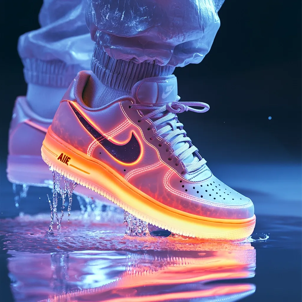 Here's a description of the image:

A close-up shot showcases a person's foot, clad in a futuristic, white, seemingly luminous Nike Air Force 1 sneaker.  The shoe, with its glowing orange sole and dark Nike swoosh, is stepping into a puddle of water, causing small splashes. The water reflects the neon glow of the shoe. The overall aesthetic is futuristic and vibrant, with contrasting dark and bright elements.  The model's leg is partially visible, dressed in loose, light-colored pants. The background is a deep, rich blue.