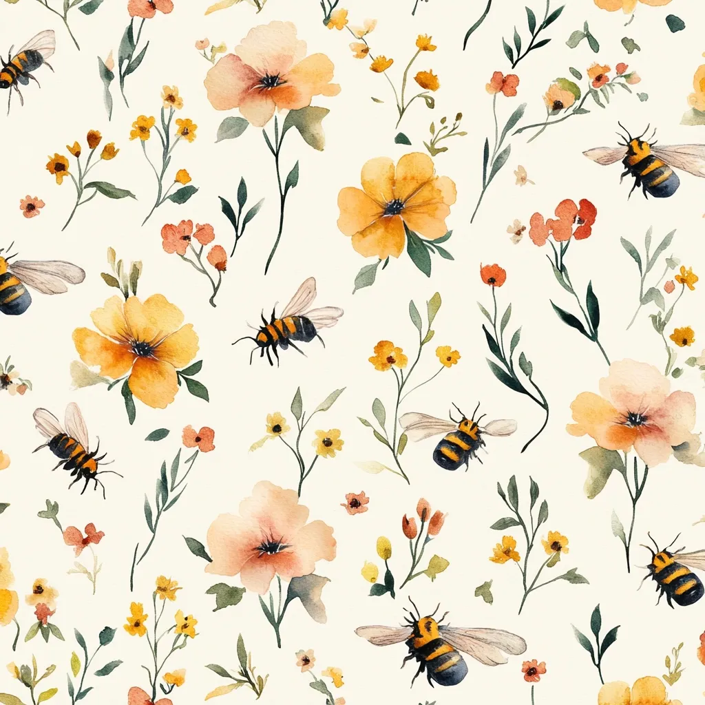 A watercolor-style seamless pattern features a charming array of bees and wildflowers on a cream background.  Orange and peach-toned flowers of varying sizes are interspersed with delicate green foliage and tiny yellow and red blossoms.  Numerous busy bees, rendered with dark bodies and yellow stripes, are scattered amidst the floral design, adding a touch of lively movement. The overall aesthetic is sweet, delicate, and nature-inspired.