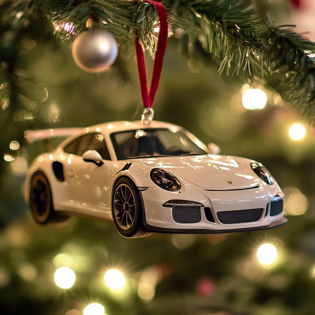 Here's a description of the image:

A close-up shot reveals a white Porsche 911 GT3 model car ornament hanging from a Christmas tree.  The ornament is suspended by a red ribbon, and its detailed features are clearly visible. The tree is decorated with warm, soft-focus lights creating a festive bokeh effect in the background. Another, out-of-focus, silver ornament is partially visible higher up on the tree.  The overall scene is warm and inviting, suggesting a Christmas setting with a unique car-themed decoration.