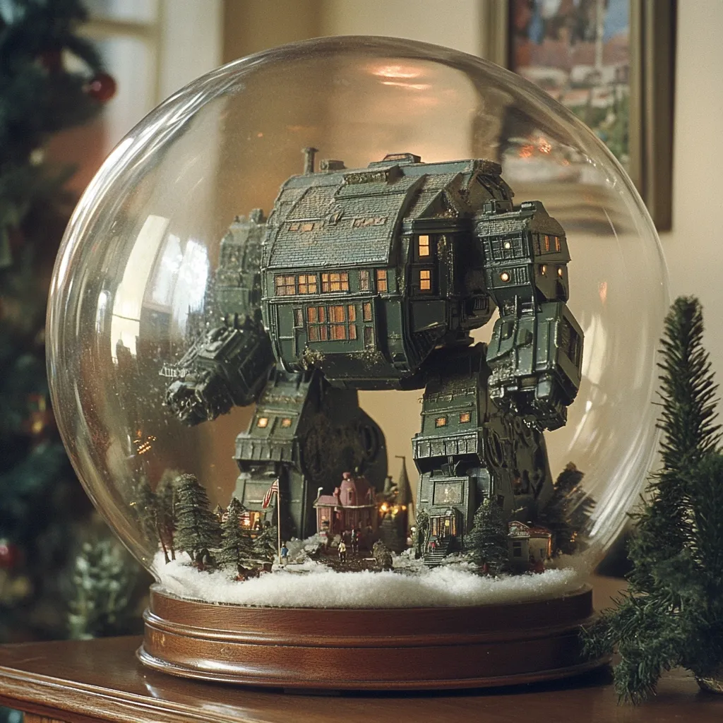 Here's a description of the image:

A meticulously crafted snow globe showcases a miniature, detailed replica of the sentient house from the movie "The House with a Clock in Its Walls," transformed into a walking mecha. The house, with illuminated windows, forms the robot's torso, its legs and arms constructed from similarly styled building elements.  A miniature winter village scene lies at the base, nestled within artificial snow beneath the glass dome. The globe rests on a dark wood base, sitting on a table near a partially visible Christmas tree.  The scene is lit warmly, enhancing the intricate detail of the model and creating a whimsical, festive atmosphere.