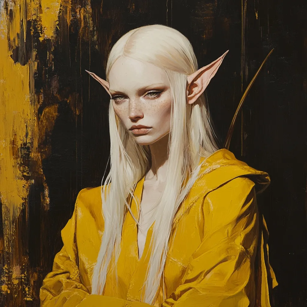 A painting depicts a fair-skinned elf woman with long, platinum blonde hair and pointed ears. She wears a mustard-yellow hooded jacket, arms crossed, against a dark background with textured, gold and black brushstrokes. The elf's expression is serious and somewhat stoic.  The artist's style is realistic with a painterly texture, emphasizing light and shadow on the subject's skin and clothing.  A thin, gold-toned object, possibly a staff or arrow, is partially visible behind her shoulder.