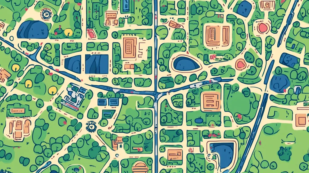 The image is a stylized map, possibly of a park or neighborhood. It features a whimsical, hand-drawn style with buildings, roads, and numerous green spaces depicted in varying shades of green and beige.  The roads are a reddish-brown, while buildings are primarily light orange and blue. Small details, like trees and ponds, add to the map's charm and suggest a dense, possibly urban, yet green environment. The overall impression is playful and inviting.