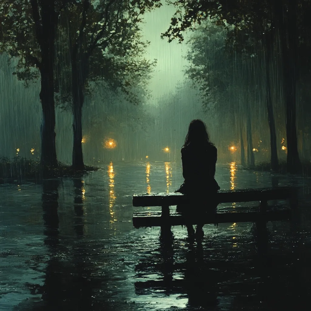 The painting depicts a solitary figure, a woman silhouetted against a backdrop of a rain-soaked park at night.  She sits alone on a park bench, the water reflecting the faint glow of distant streetlights.  The atmosphere is melancholic and serene, the dark, saturated colors and heavy rain contributing to a mood of quiet contemplation or sadness. The trees lining the flooded pathway add to the mysterious and somewhat lonely ambiance.