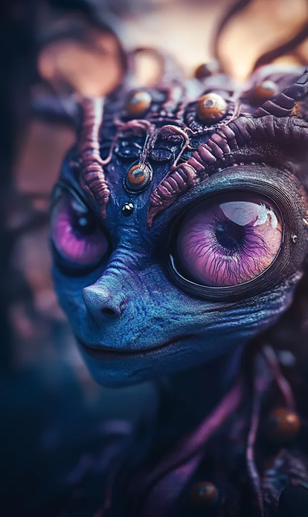 Close-up view of a digital rendering of an alien creature.  Its skin is a vibrant blue, textured and slightly wrinkled.  Large, expressive purple eyes dominate its face, surrounded by intricate, dark purplish-brown cranial adornments that resemble organic, almost insect-like structures. Smaller, similar structures are scattered across its head. The alien has a small, upturned nose and a subtle smile, giving it a curious and friendly expression. The background is blurred and dark, drawing attention to the detail in the creature's face.