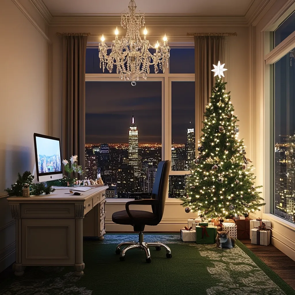 A luxurious home office boasts a stunning nighttime cityscape view through large windows.  A decorated Christmas tree stands near a large, antique-style desk with a computer. A comfortable office chair sits before the desk.  A crystal chandelier adds elegance to the scene. Presents are scattered at the base of the tree, and a small cat rests nearby. The overall ambiance is one of sophisticated holiday cheer.