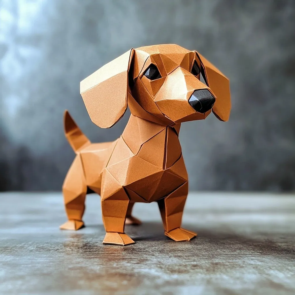 Here's a description of the image:

The photograph showcases a meticulously crafted origami dachshund.  The dog is rendered in a rich, reddish-brown color, its form composed of numerous precisely folded polygons. The details are remarkable, capturing the breed's characteristic long body, short legs, and floppy ears.  The origami dachshund stands on a wood-like surface against a blurred gray background, which enhances the focus on the intricate paper sculpture. The lighting is soft and even, highlighting the textures and folds of the paper.